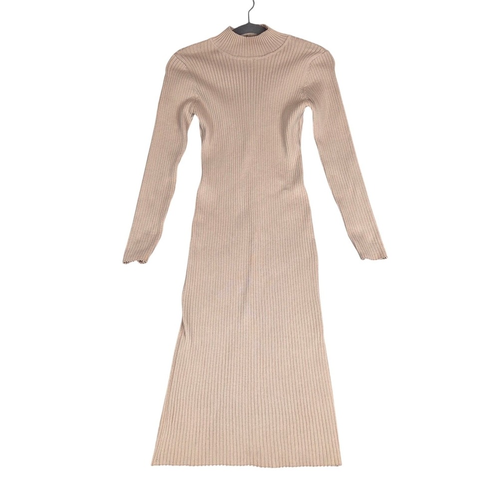 Ribbed Knit Tan Stretch Bodycon Midi Sweater Dress Sz XL Turtleneck Minimalist